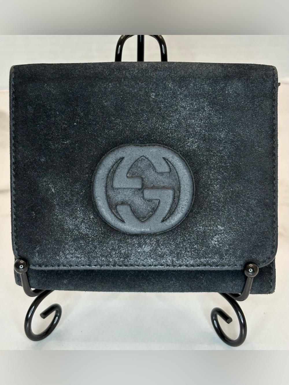 Gucci Embossed GG Black Suede Leather Bifold Compact Wallet